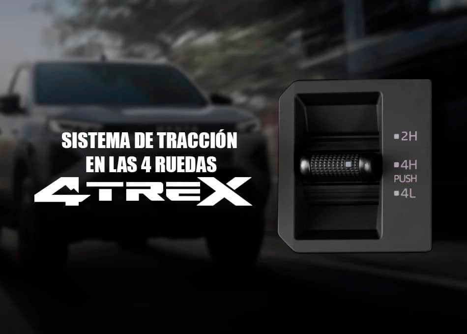 Hilux TRAVO: Diseño, tecnología y rendimiento para un nuevo nivel de conducción Hilux Travo El sistema 4TREX incorpora un selector electrónico con modos 2H, 4H y 4L, diseñado para ofrecer una gestión más precisa del torque en terrenos complejos. Su configuración permite un cambio fluido entre tracción trasera y total, optimizando respuesta y control en cada entorno.